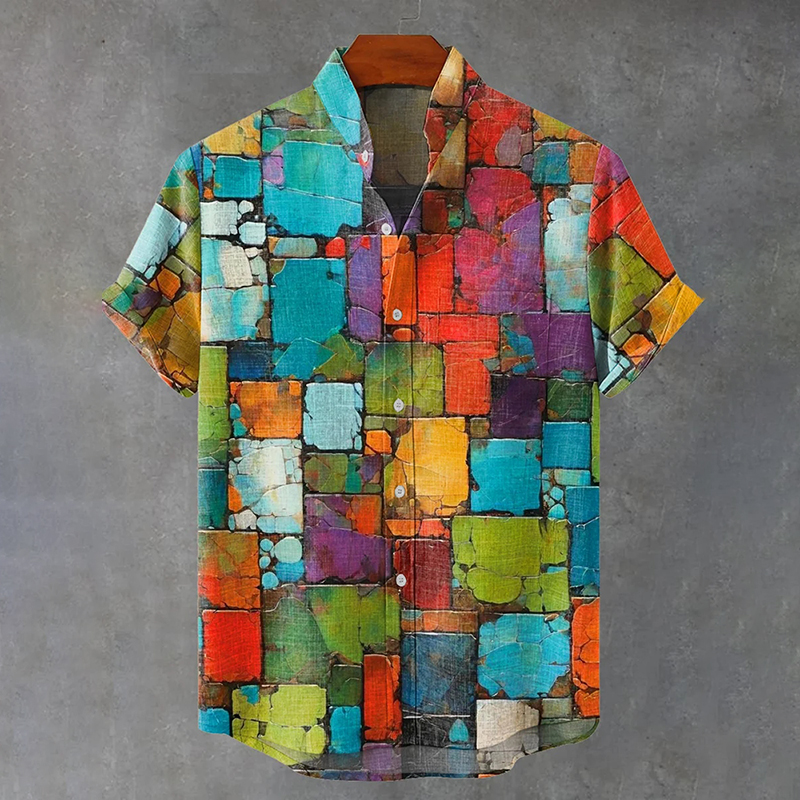 Mottled Aged Colored Squares Vintage Print Casual Cotton Shirt  artssus