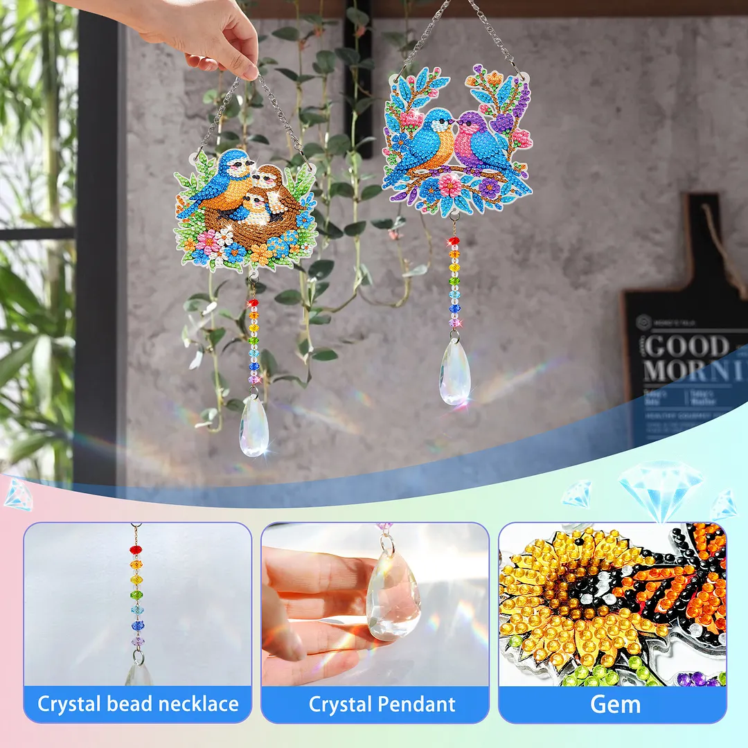 2Pcs Birds Family DIY Acrylic Diamond Painting Art Wind Chimes with Crystal Pendant Diamond Art Hanging Pendant Double-Sided for Adults Beginners Gift Home Garden Decor