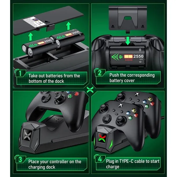 Dinofire Xbox One Controller Charger Station with 2x2550mAh Rechargeable Battery Packs for Xbox One/Series X|S Controller