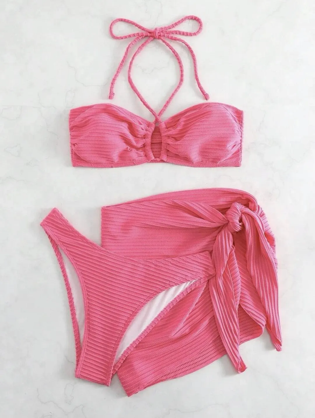 Brownm Brownm Bikini Bikini Swimsuit Three-Piece Gauze Dress Hanging Neck Solid Color Swimsuit Female Multi-Color