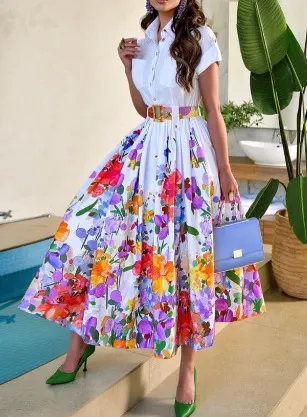 Brownm Brownm Shirt Collar Large Hem Positioning Floral Print Short Sleeve Button Dress Belt Belt