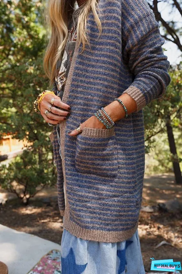 Fashion Contrast Striped Loose Long-sleeved Mid-length Knitted Cardigan