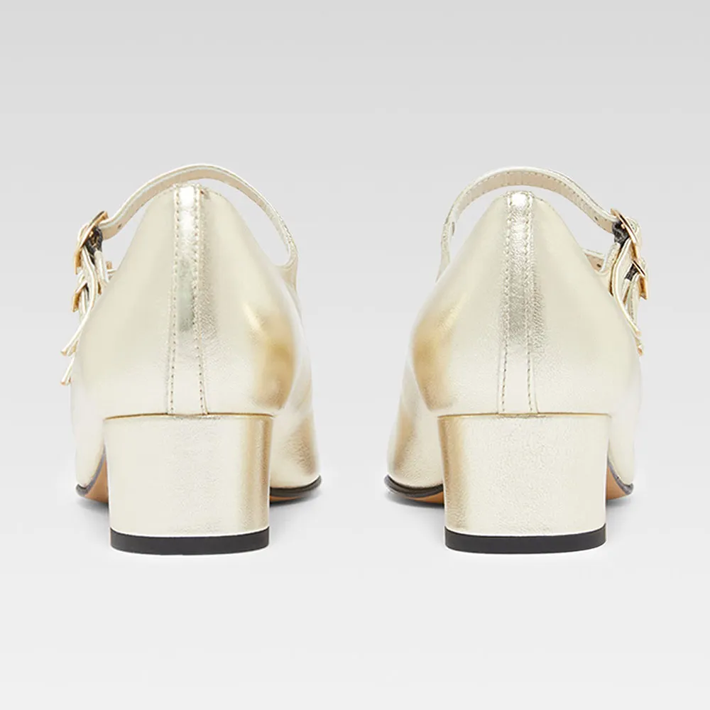 Champagne Triple Buckle Straps Square Toe Block Heel Mary Jane Shoes