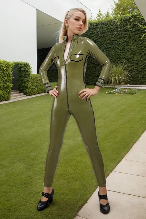 Women Latex Catsuits Uniformity Latex Catsuit Uniformity Olive Green Latex Catsuit w/ 3-Way Zipper