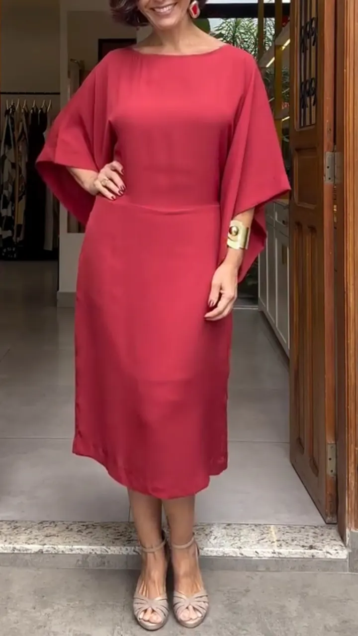 Red Kimono-Sleeve Midi Dress