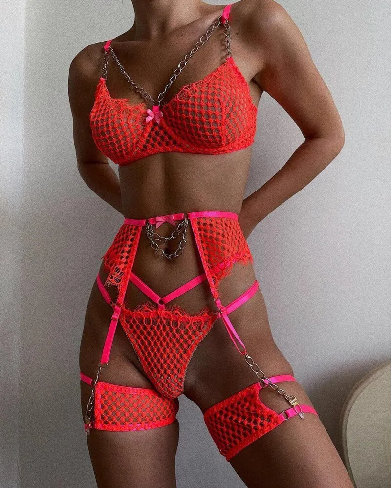 MIRABELLE Sexy Lingerie Mesh Erotic Costumes Metal Chain Linked Exotic Sets 4-Piece Lace Bra See Through Porn Hot Underwear Set