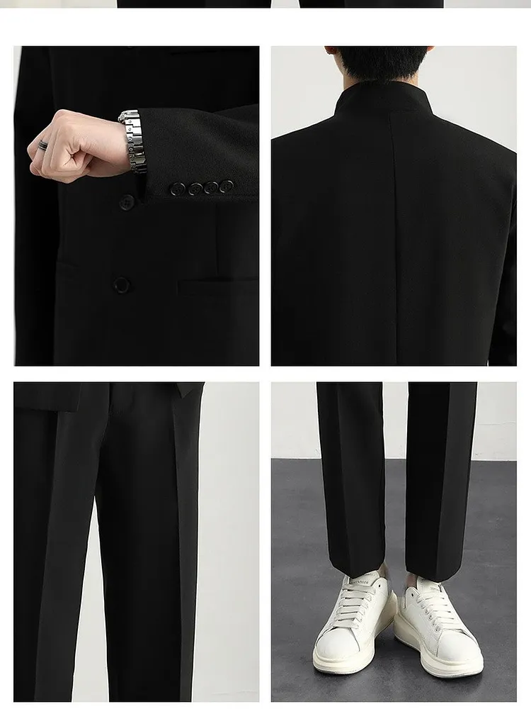 Men's Mandarin Collar Suit Set Single Breasted Jacket and Pants