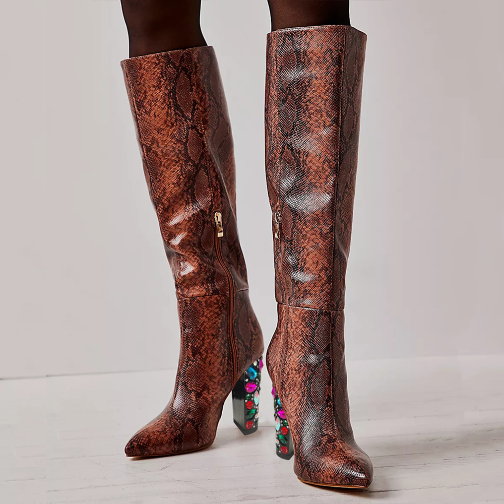 Women's Snake Textured Gem Decorative Heel Tall Boots with Zipper Nicepairs