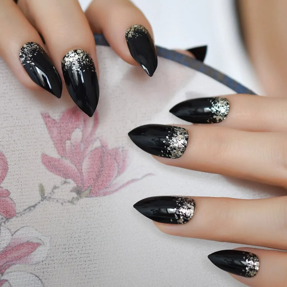 Medium Short Nails Black Glitter Stiletto Sharp False Fingernail Press On Nail Tips Wholesale Full Cover Nails Pre Designs Charm-Nail Inspo