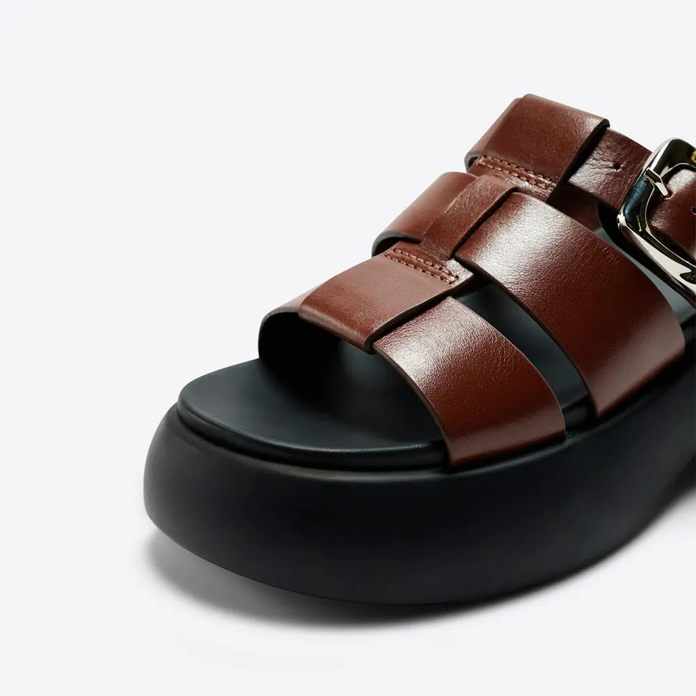 Brown Faux Leather Round Toe Platform Mules Sandals with Buckle 