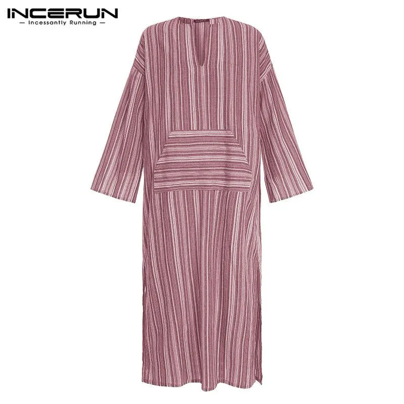INCERUN Men Muslim Kaftan Cotton Arabic Islamic Robes Striped Retro Pockets Long Sleeve Middle East Men Jubba Thobe S-5XL 2022