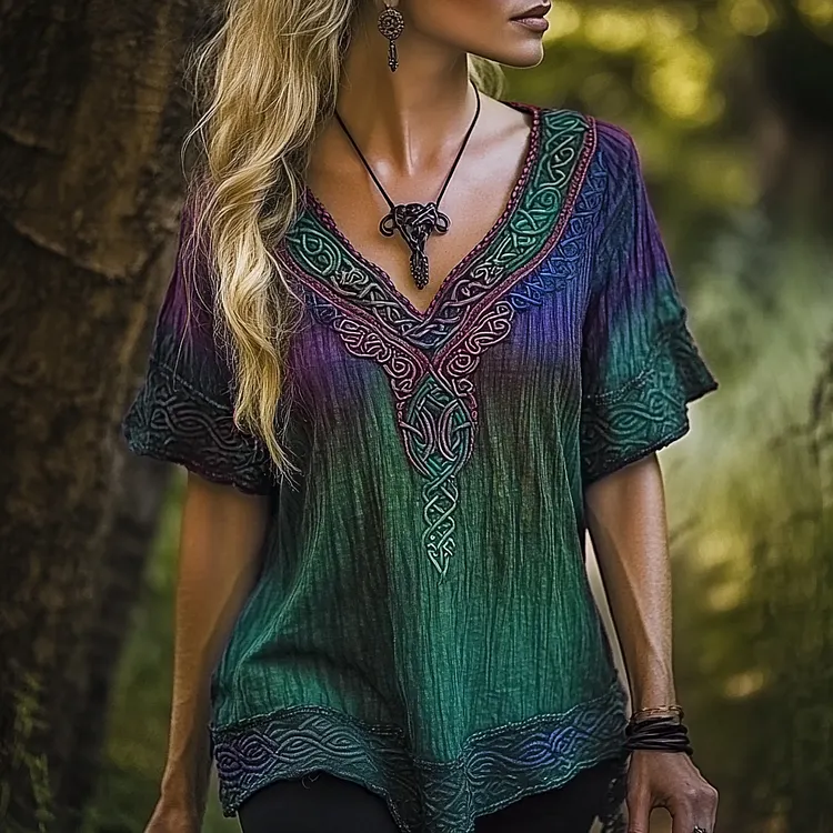 Vintage Viking Celtic Knot Gradient Art Linen T Shirt