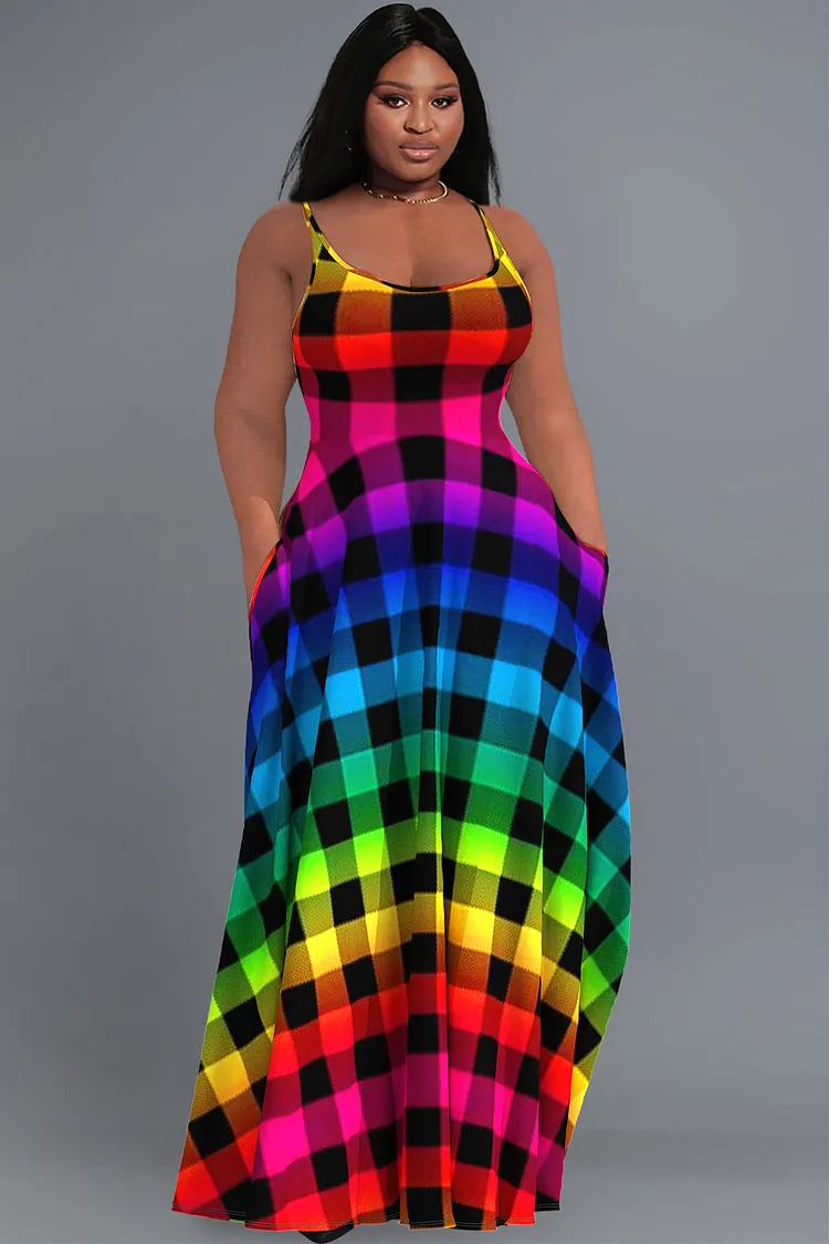 Xpluswear Design Plus Size Casual Sundress Rainbow Gradient Plaid Pockets Cami Maxi Dress 2024 - Xpluswear