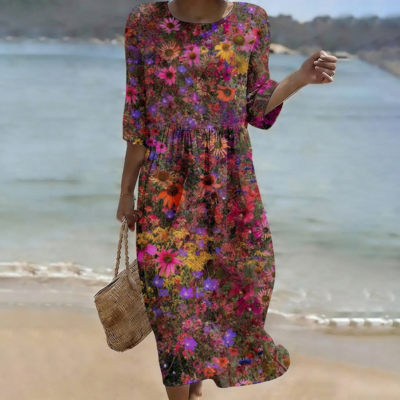 Women's Vintage Colorful Floral Art Print Casual Round-neck Dress elevenforest