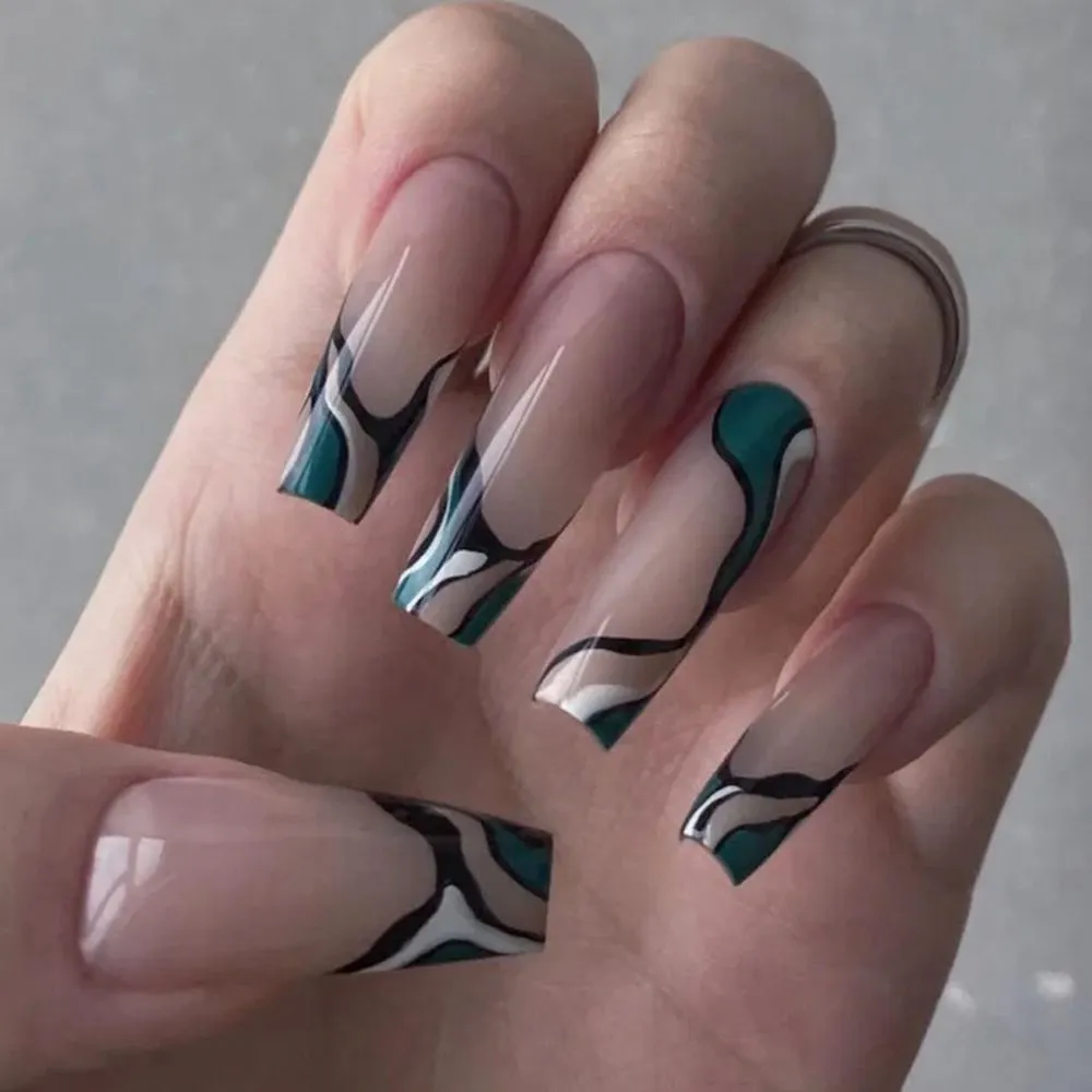 24pcs blue white Wavy lines Detachable Long Ballerina False Nails With Design Wearable Fake Nails Full Cover Nail Tips-Nail Inspo