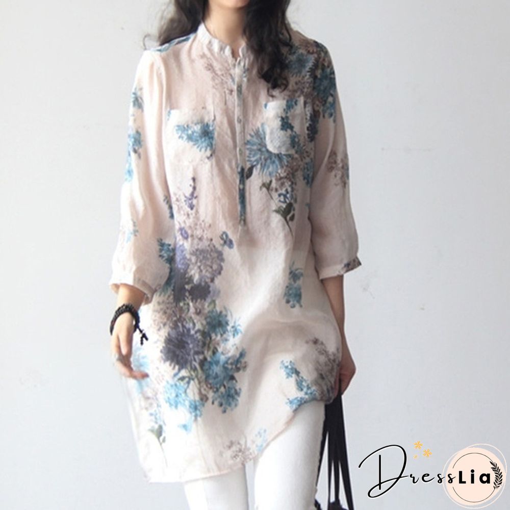 Vintage Women Floral Printed Casual Loose Tops Shirt Tunic Dress