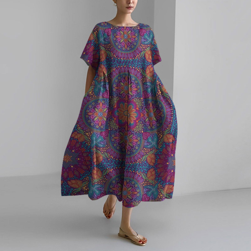 Vintage Ethnic Print Short Sleeve Loose Midi Dress artswardrobe