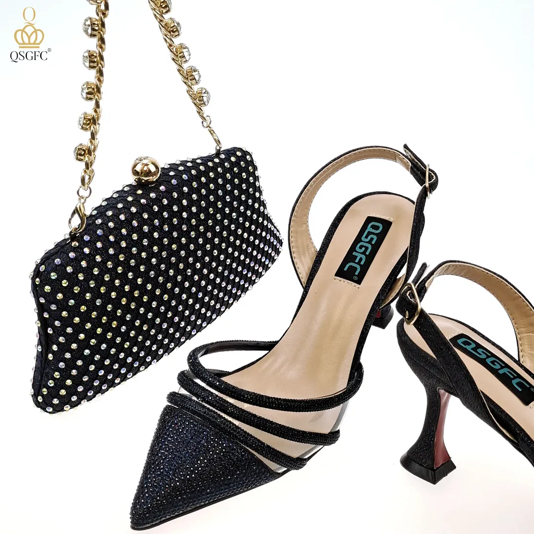 QSGFC2022 Fashion Shiny Full Diamond Decoration In Nigeria Elegant Orange Color Ladies Shoes and Bag For Party Wedding