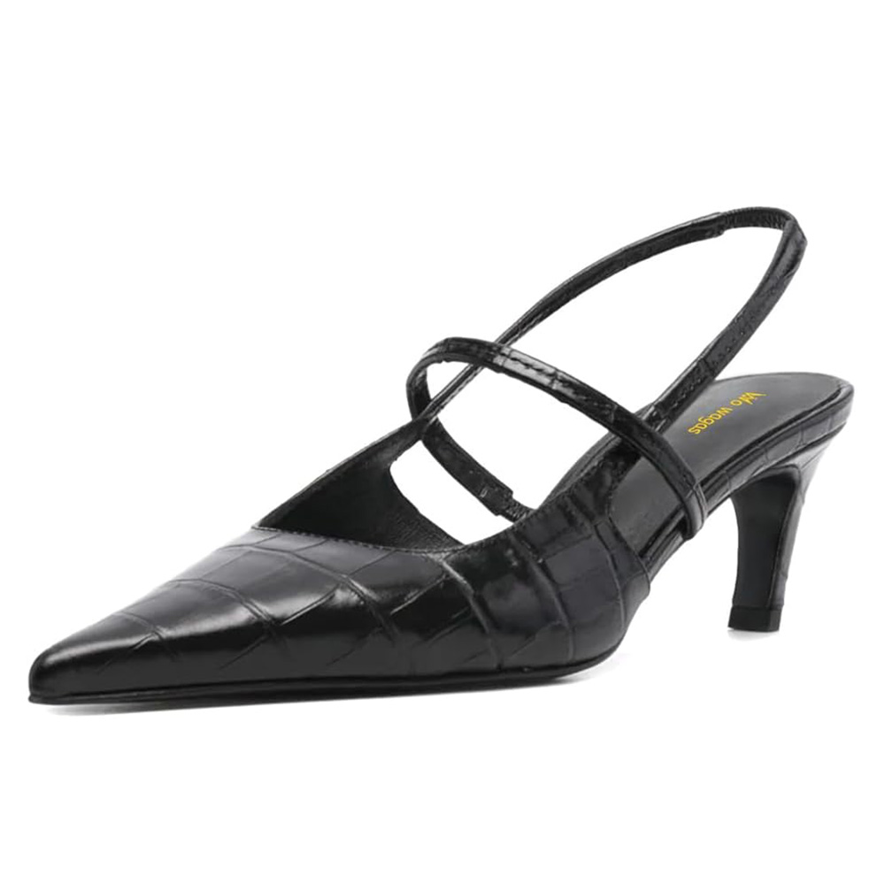 Black Croco Embossed Pointed Toe Kitten Heel Strap Slingback Shoes Nicepairs