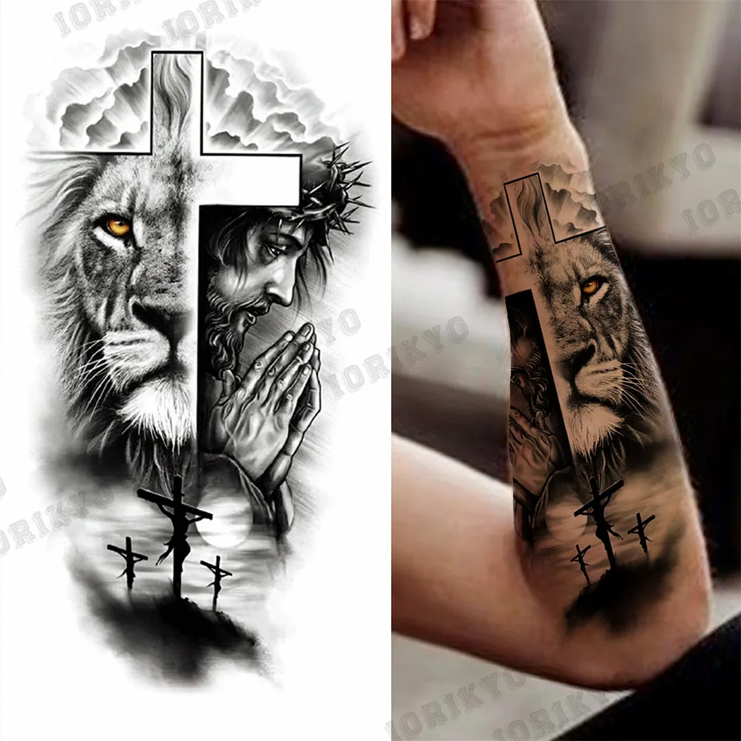 Black Lion Wolf Temporary Tattoos For Men Adult Forest Rose Compass Warrior Fake Tattoo Washable Body Art Painting Tatoo Sticker
