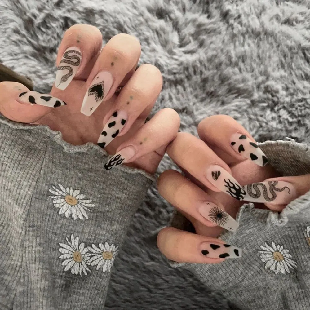 24pcs Extra Long Matte Fake Nails Ballerina Coffin Dark Blue Colorful Rhinestone Decals False Nails with designs Nail Art-Nail Inspo