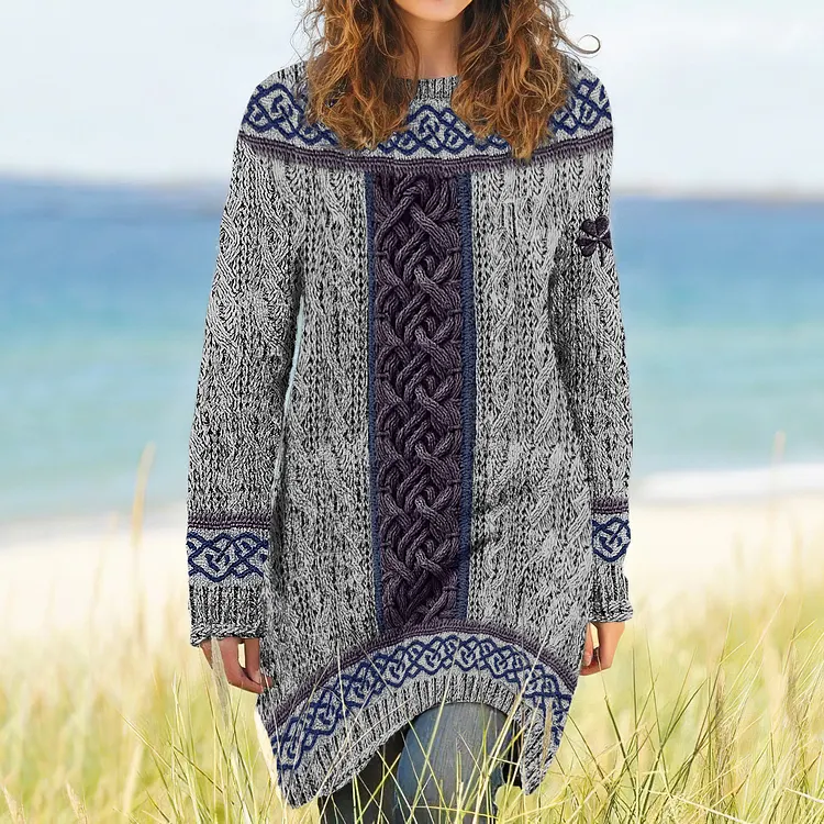 Women's Irish Celtic Knotted Shamrock Contrast Jacquard Sweater Dress