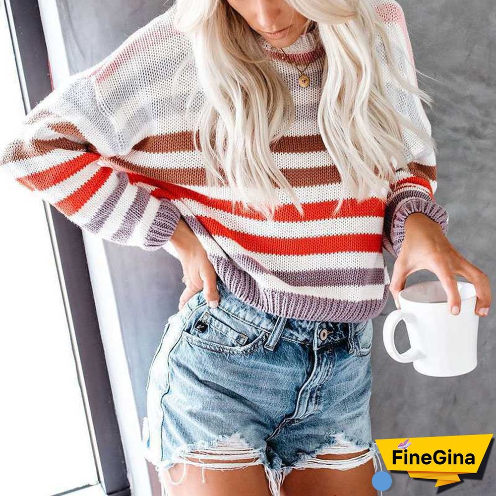 Blocked Colorful Stripes Cropped Turtleneck Sweater Long Sleeve