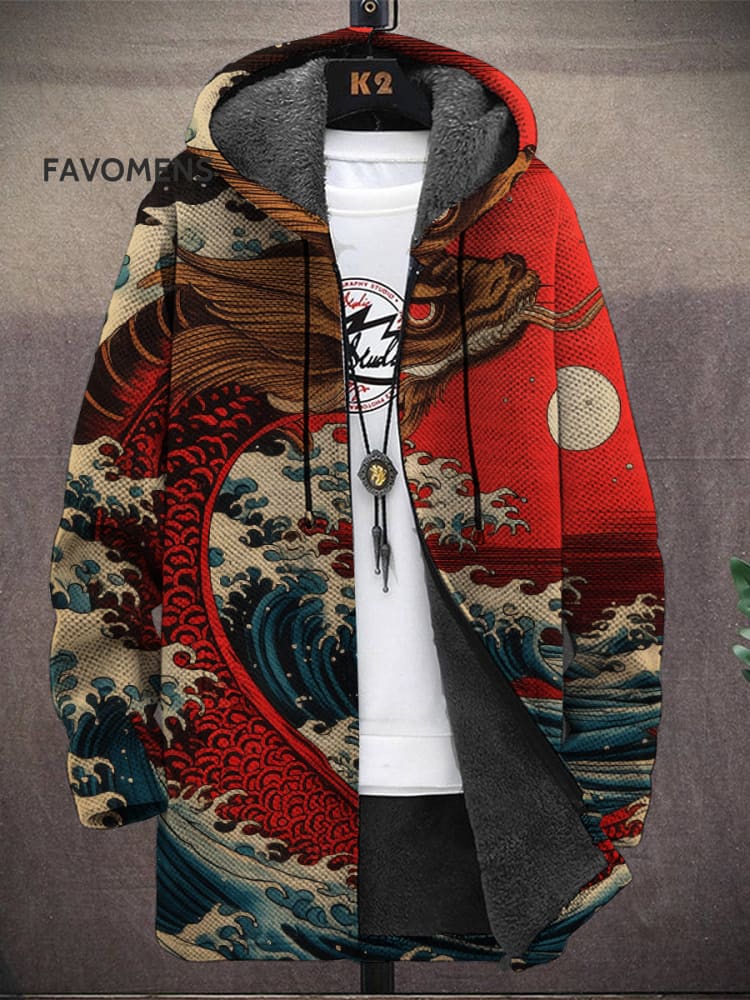 Men&rsquo;s Japanese Style Dragon Print Hooded Two-Pocket Fleece Cardigan Jacket Jacket(A) / Red M