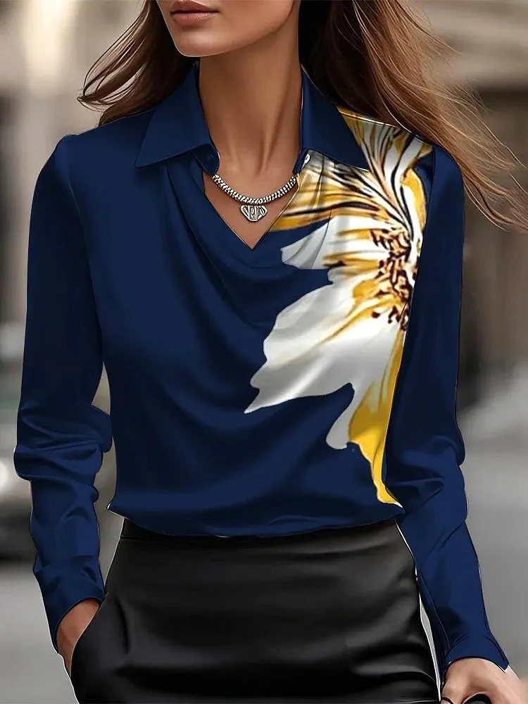 Solid Satin Floral Print Simple Swing Collar Shirt Top