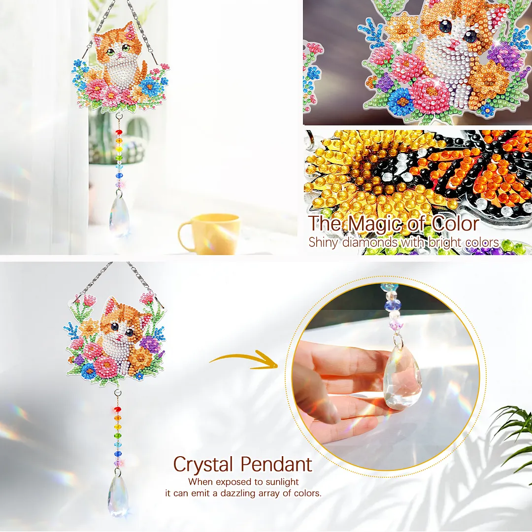 2Pcs Flower Kitten DIY Acrylic Diamond Painting Art Wind Chimes with Crystal Pendant Diamond Art Hanging Pendant Double-Sided for Adults Beginners Gift Home Garden Decor