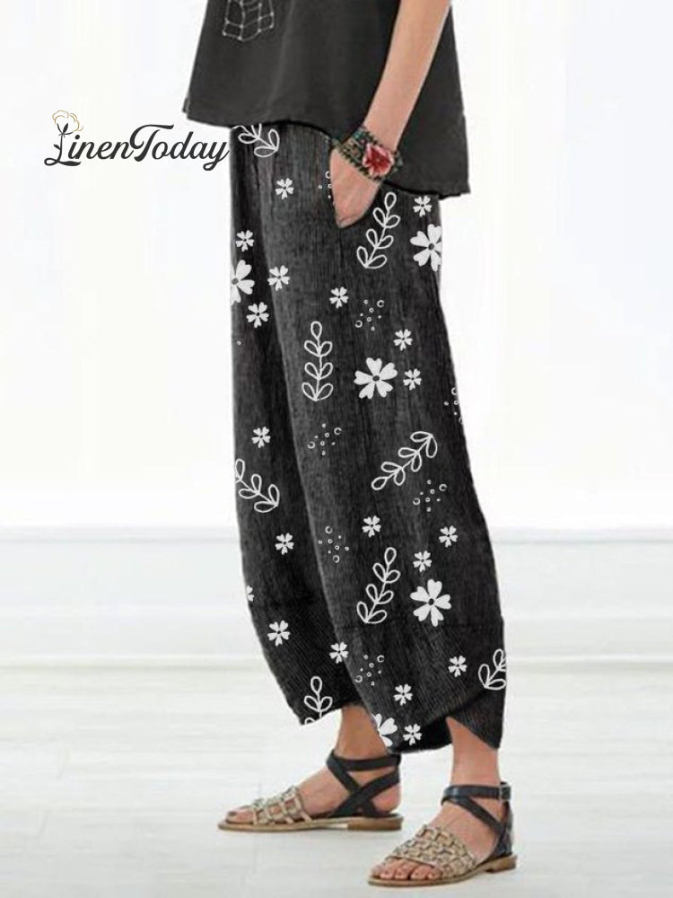 Floral Printed Elastic Waistband Pockets Women All Season Pant Black / S