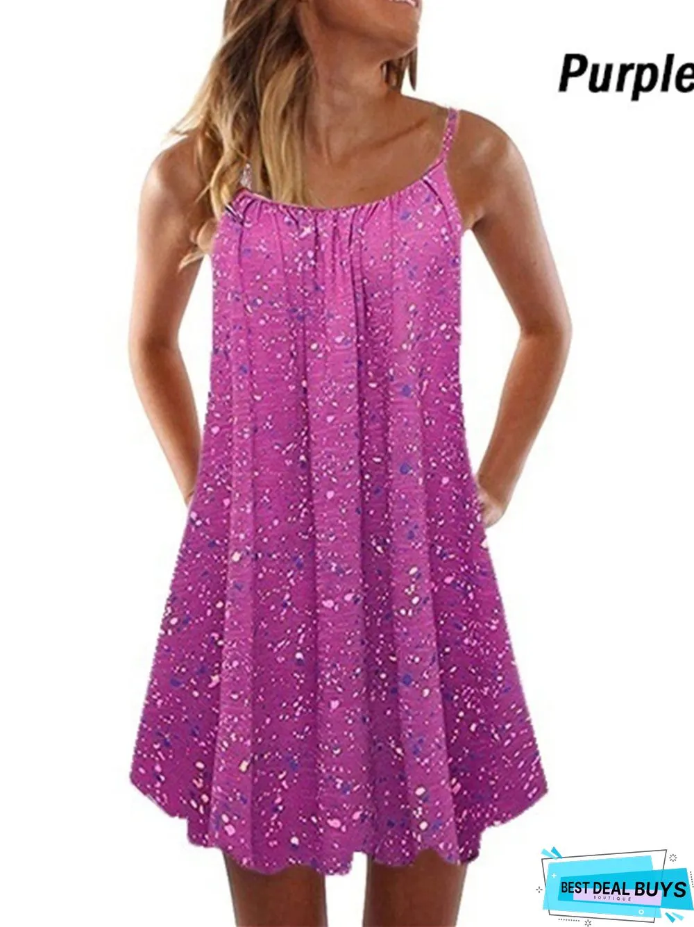 Printed Pleated Large Hem Loose Suspender Dress Black Dresses