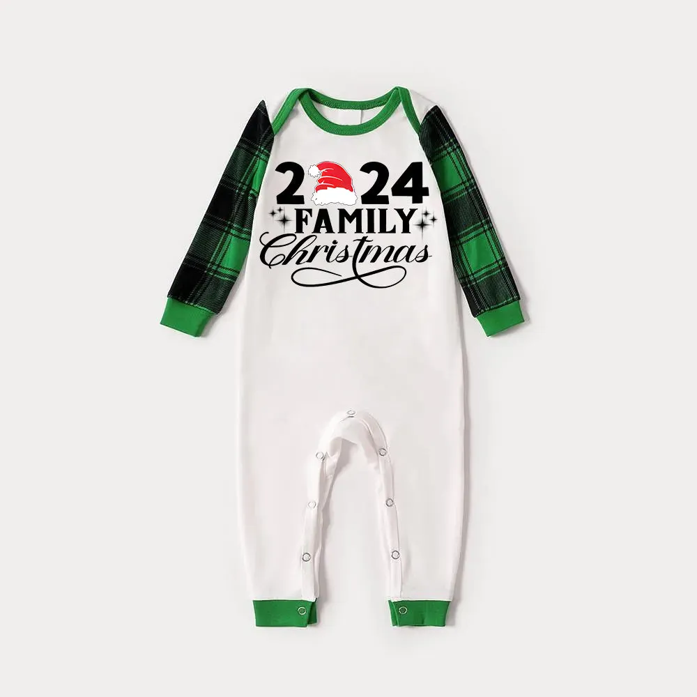 "2024 Family Christmas" Letter Print Green Rotator Cuff Top With Green & Black Plaid Family Matching Pajamas