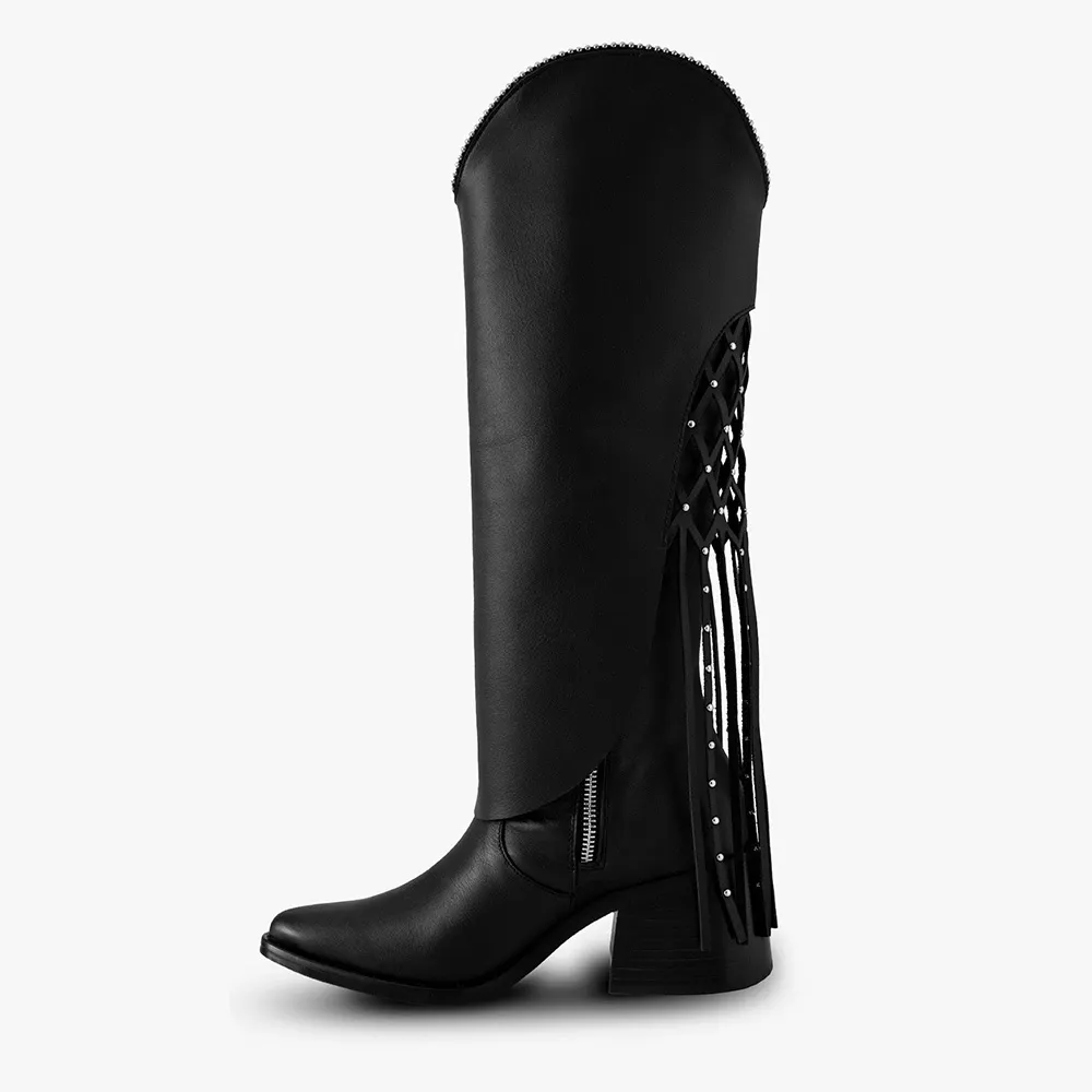 Black Studded Fringe Fold Over Western Knee High Boots for Women