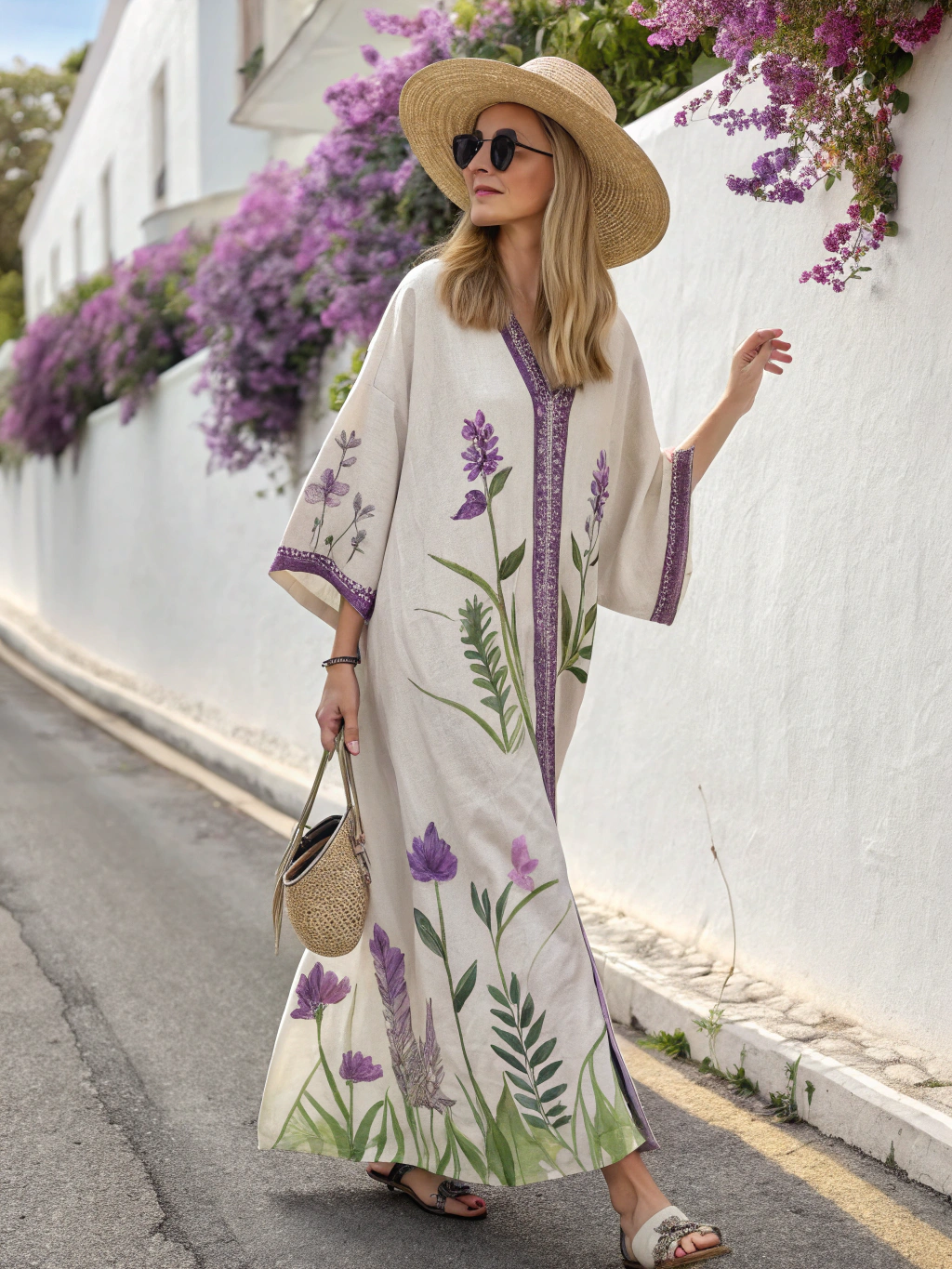 Contton & Linen Long Sleeve Kaftan Maxi Dress