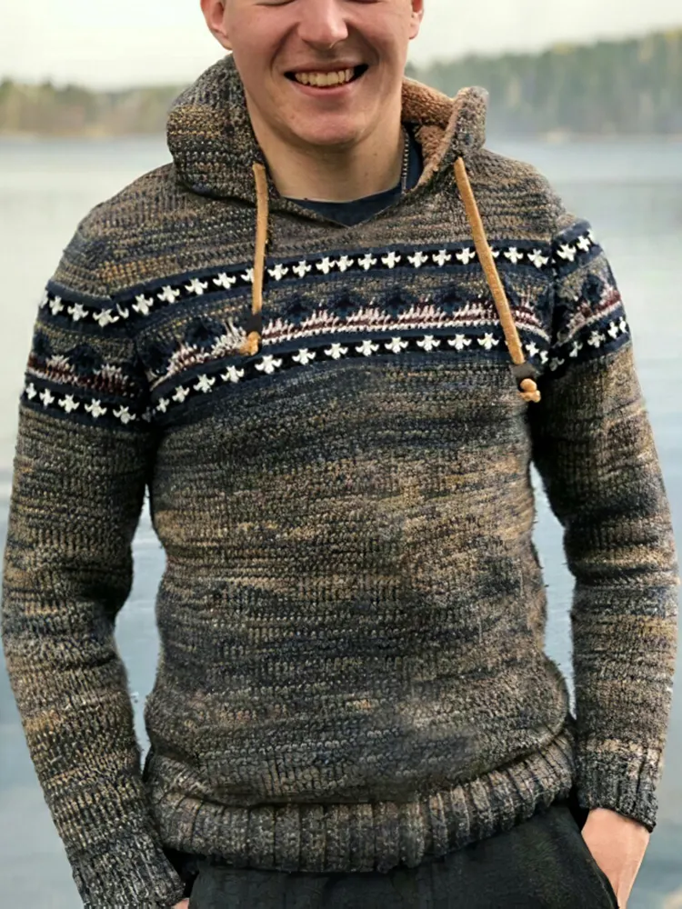 Retro Gradient Graphics Knitted Iceland Hooded Sweater
