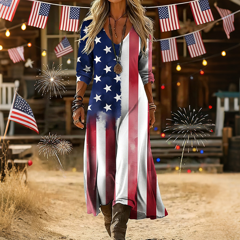 Comstylish Women's Floral Independence Day Flag Art Print Dress