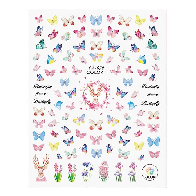 1pc Holographic Blue Nail Stickers Pink Colorful Butterfly Art Sticker With Adhesive DIY Extension Flowers Rose Nail Decoration-Nail Inspo