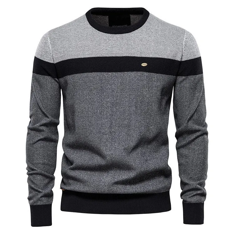 Men Striped Knit Sweater Casual Pullover Tri-Tone Jumper