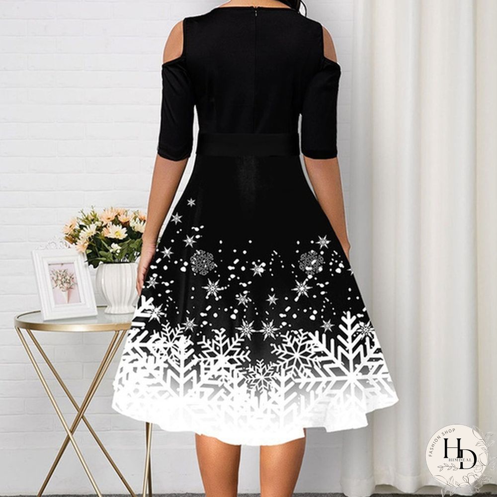 New Arrival Women Belted Snowflake Print Cold Shoulder Round Neck Elegant Dress Plus Size Fashion Christmas Party Dress S-5Xl