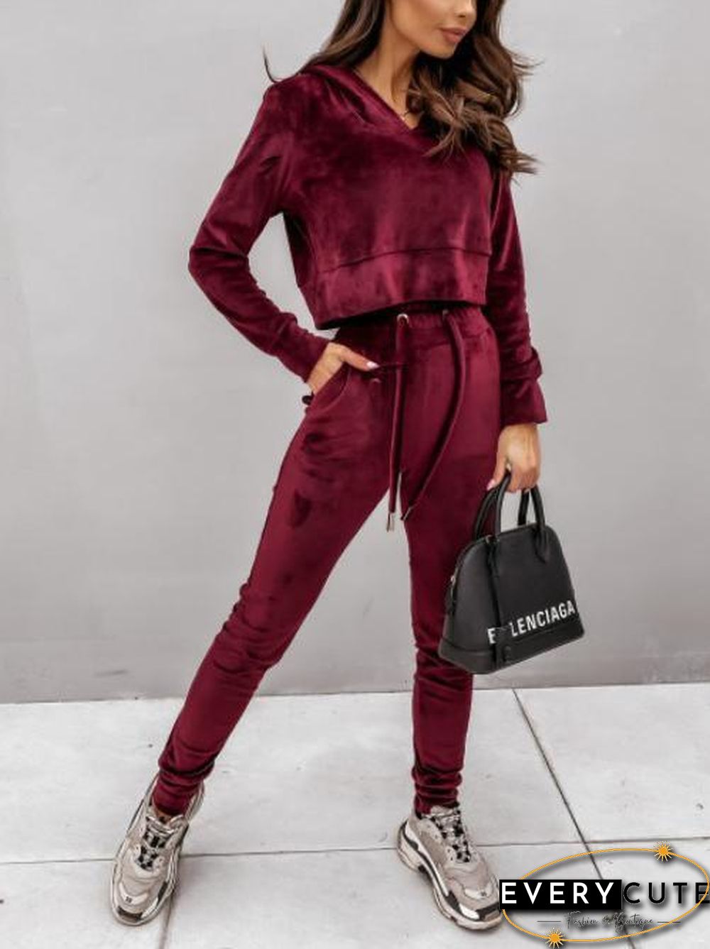 Wine-Red Women Velvet Fashion Hoodie&Pants Suit