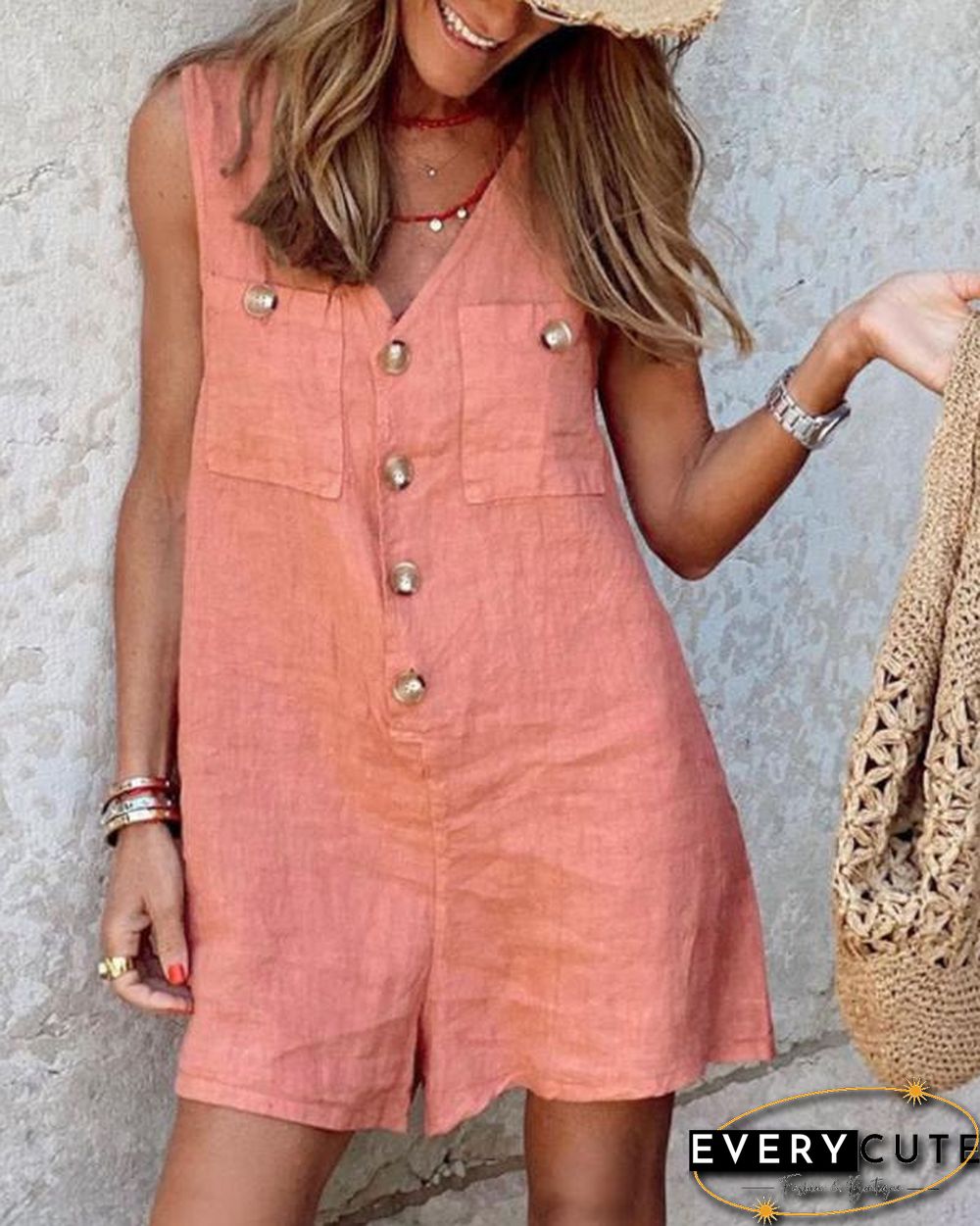 Cotton Linen V Neck Button Romper