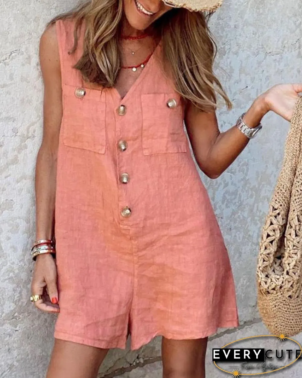 Cotton Linen V Neck Button Romper