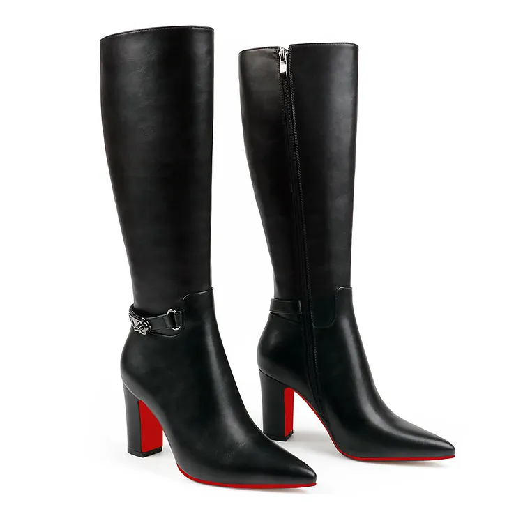 85mm/3.35 inch Women's red bottom matte high heel pointed toe buckle style casual zipper knee high boots VOCOSI VOCOSI