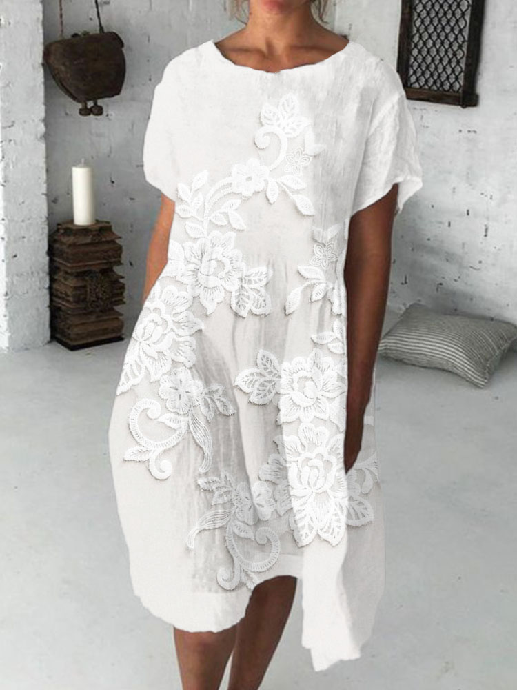 Vintage Floral Lace Embroidered Linen Blend Midi Dress artswardrobe