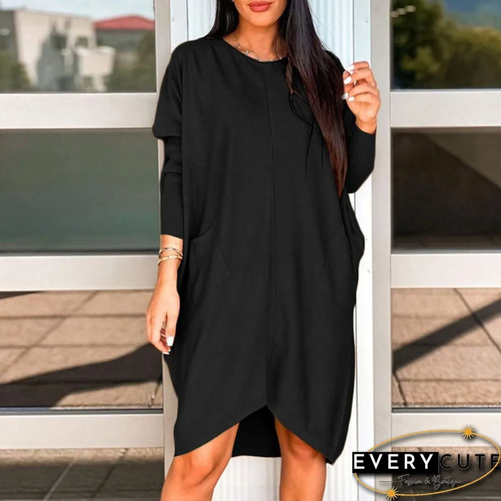 Women O-Neck Solid Patchwork Baggy Dress Knee Length Casual Dress