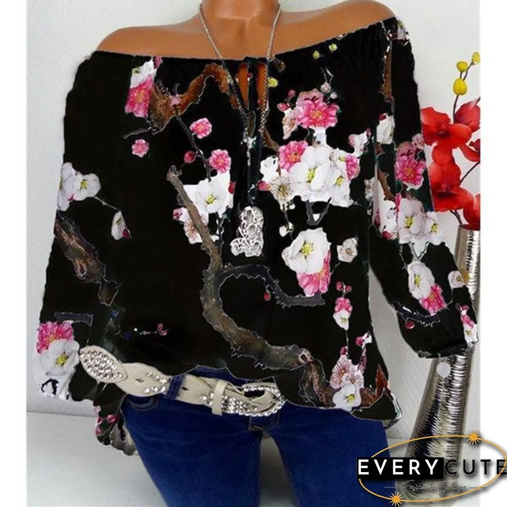 Floral Boat Neckline Long Sleeve Blouses