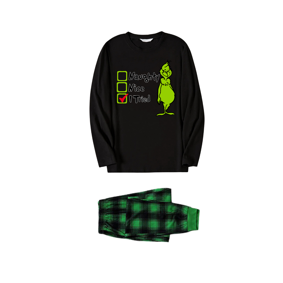 Christmas Cartoon Pattern and Text Print Black Long Sleeve Top with Green and Black Plaid Family Matching Pajamas