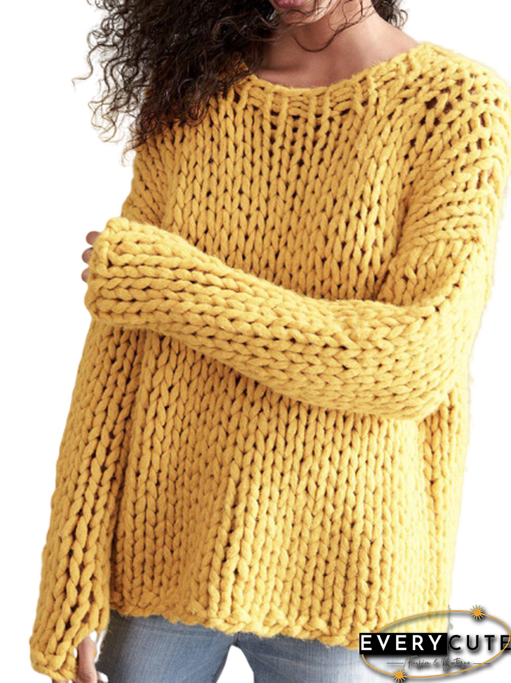Casual Solid Knitted Round Neck Sweater