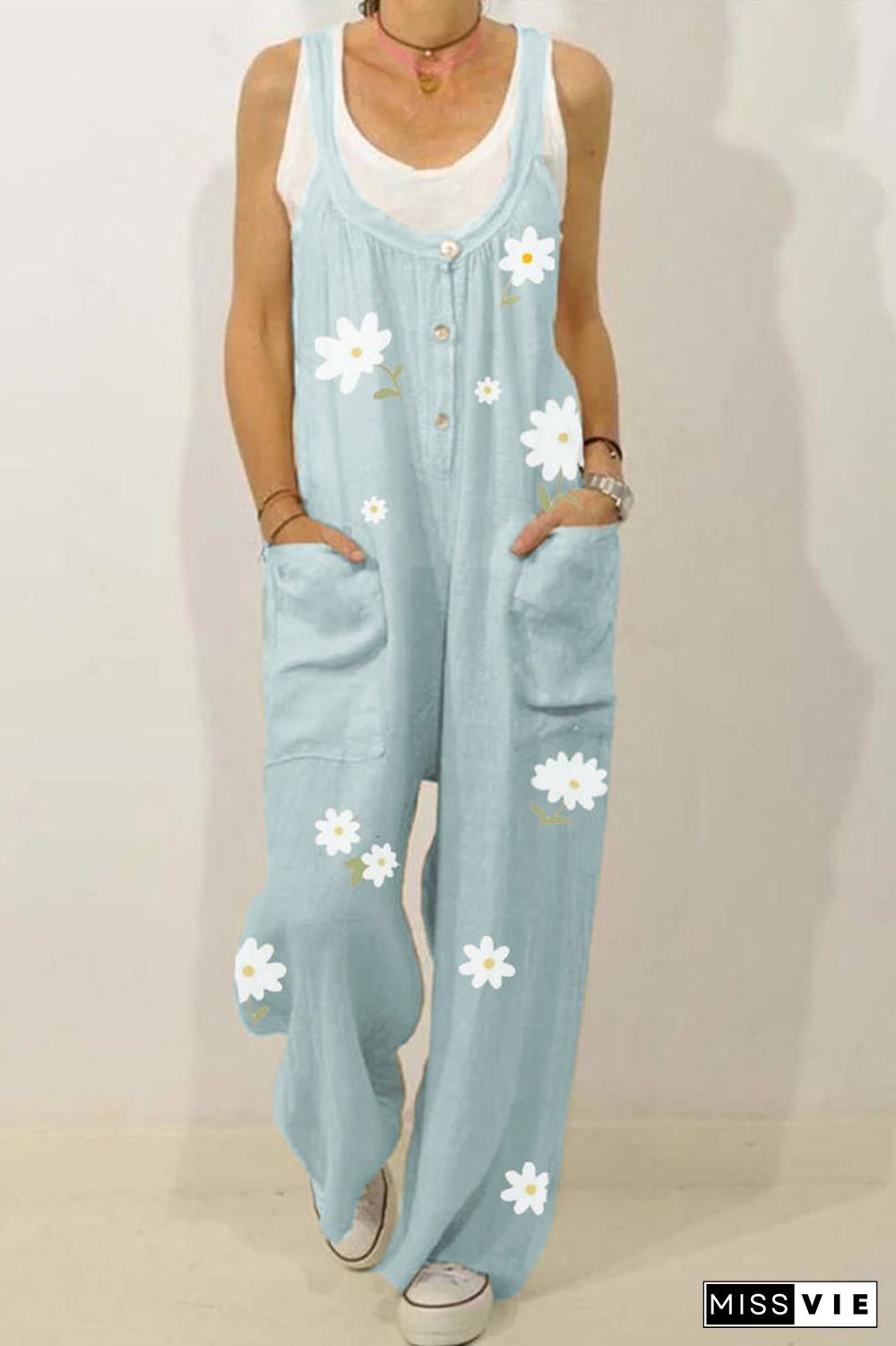 Flower Printed Plus Size Pocket Button Jumpsuit